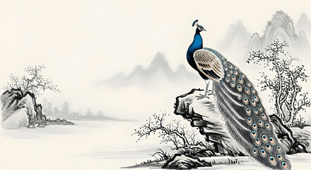 Elegant Peacock Perched on Rock in Traditional Chinese Painting Style.