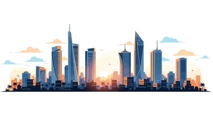 Fototapeta premium Striking panoramic illustration of a modern city skyline at sunset, featuring sleek architectural towers and a gradient sky, symbolizing urban development and future prospects