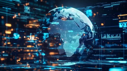 Rotating 3D globe in digital interface showcasing real-time data and global information - Powered by Adobe