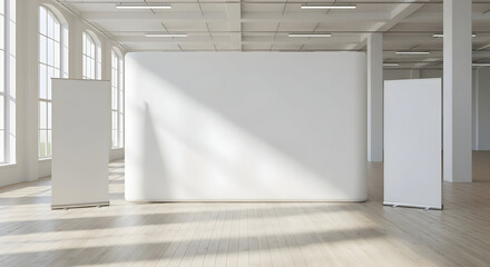 Bright Empty Exhibition Space with Display Boards and Natural Light.