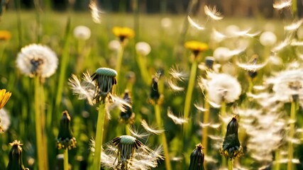 A breathtaking closeup shot of delicate dandelion seed heads swaying gently in a sundrenched meadow during the golden hour with numerous fluffy seeds gracefully dispersing into the warm soft evening .
