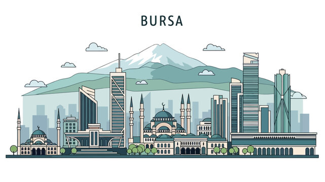 Bursa, Turkey, cityscape depicted in modern line art vector. Showcases historical landmarks and the prominent Uludag mountain, ideal for travel and tourism projects