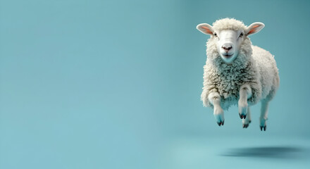 A playful lamb leaps joyfully against a serene blue backdrop.