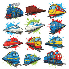 Colorful cartoon train locomotives and cars. © sri