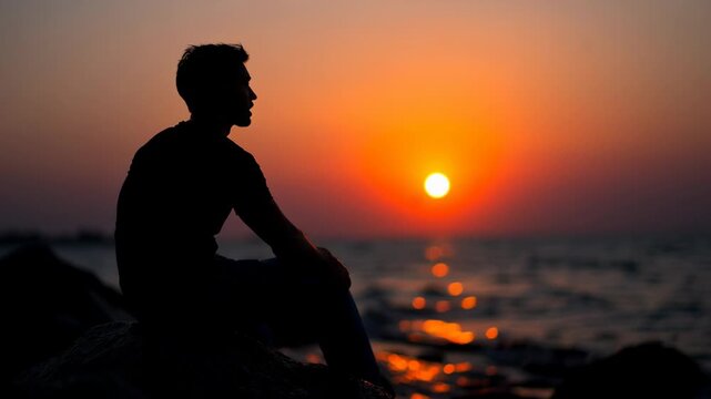 A young man sits quietly on the rocks by the ocean, gazing at the vibrant sunset. The calm waves create a peaceful atmosphere as he takes a moment for self-reflection