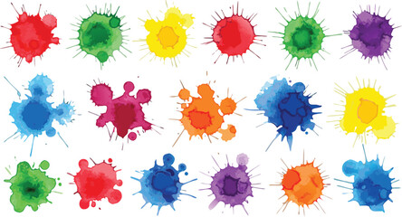 Collection of vibrant watercolor paint splatters and ink blots 