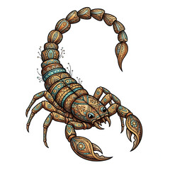 Intricate Scorpion Illustration with Ornamental Details and Earthy Tones.