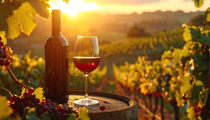A bottle and glass of red wine sit on a barrel overlooking a sun-drenched vineyard at sunset.