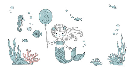 Cute mermaid swimming underwater with sea creatures and a balloon shaped like the number three for a third birthday party celebration.