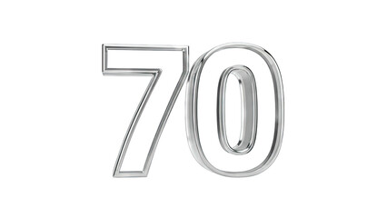 3D Number 70, silver metallic chrome effect on transparent background