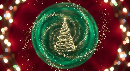 A magical green ornament glows with a golden, sparkling Christmas tree inside
