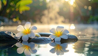 Two white plumeria flowers rest on dark stones in calm water at sunrise.