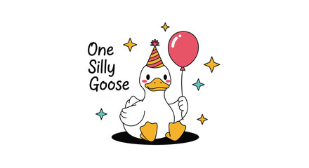 Naklejka premium Cute duck character wearing a colorful party hat and holding a red balloon for a first birthday celebration with text one silly goose.