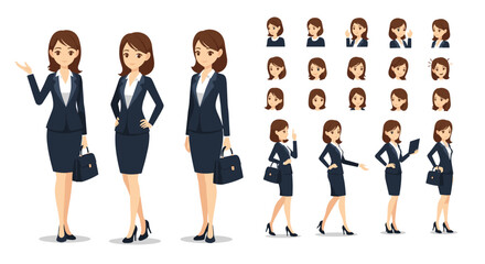 Obraz premium Character design kit for a businesswoman in a dark suit with various walking poses standing positions and facial expressions for animation.