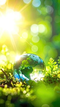 A glass Earth rests in lush green moss illuminated by brilliant sunlight creating a vibrant, hopeful natural scene.