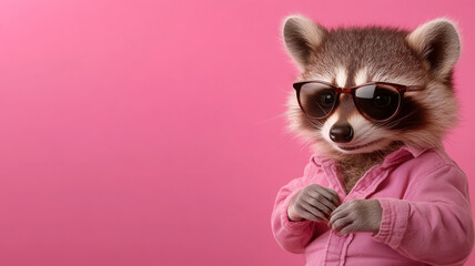 Raccoon sunglasses pink shirt cute animal fashion stylish pink background playful fun