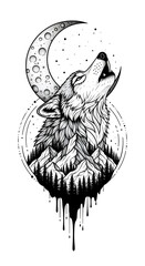 Mystical Wolf Howling at the Moon Tattoo Design with Mountains.