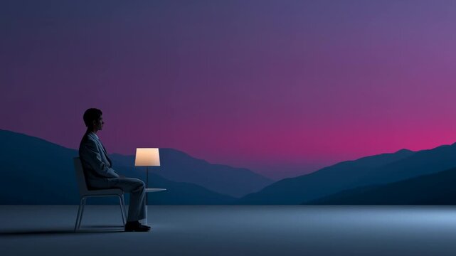 A man sits alone at a table with a lamp in the mountains at sunset. The colorful sky and surrounding hills create a peaceful and reflective atmosphere as he gazes into the distance
