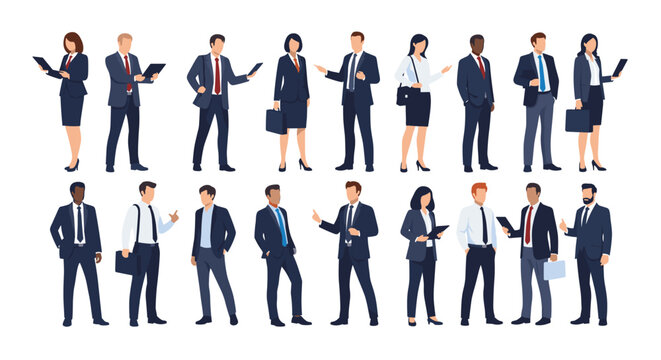 Diverse group of business people standing in rows wearing formal suits and professional attire for a corporate team portrait layout.