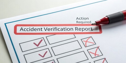 Accident Verification Report Document with Checklist and Red Marker Highlight Action Required for Important Tasks