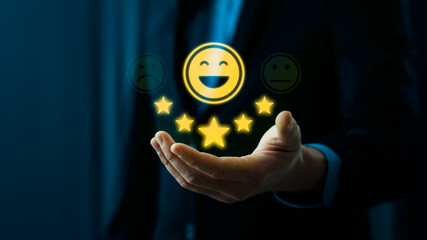 Customer satisfaction rating concept with glowing smiley face and five star review floating above open hand, symbolizing positive feedback, service quality, user experience and brand trust
