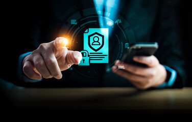 Digital identity protection on smartphone with secure document verification interface as business professional manages data privacy, authentication, cybersecurity and access control concept