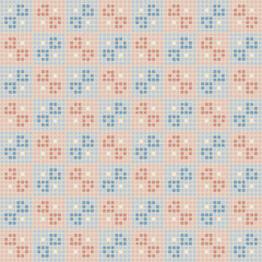 abstract flowers of hand drawn pixels. vector seamless pattern. repetitive background. modern decorative art. geometric fabric swatch. continuous textile design embroidery template. pink, blue color