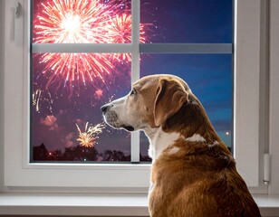 Dog gazes at fireworks through a window, night sky background