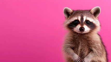 Raccoon animal pink background cute fluffy mammal standing portrait happy wild fur small pet
