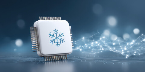 White processor chip with cooling snowflake symbol represents efficient low temperature