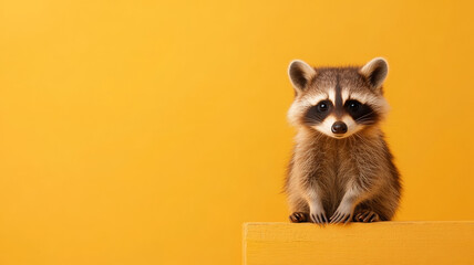 Cute raccoon sitting on yellow background, fluffy fur, curious expression, playful mood