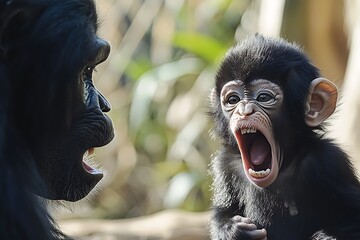 A baby monkey yawning widely, its tiny teeth visible, as the mother looks on with a tender gaze.
