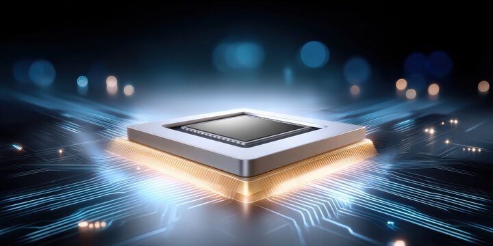 Powerful modern processor chip with efficient blue cooling system glowing on circuit board