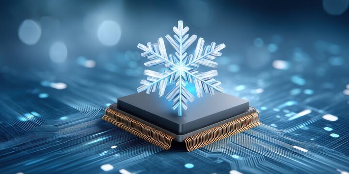 Calm blue glow surrounds cooling snowflake on electronic computer chip processor