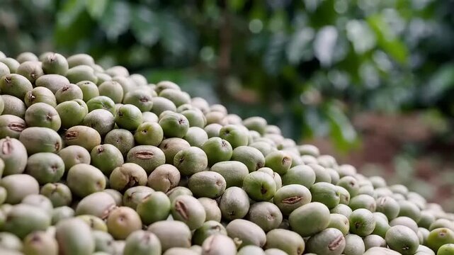Heap of Fresh Green Coffee Beans Ready for Roasting and Brewing