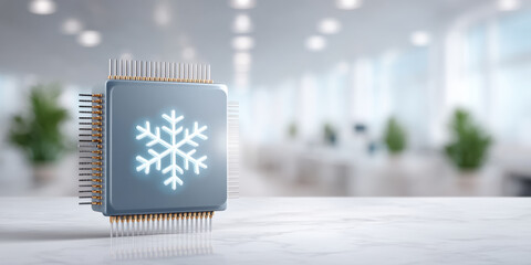 Processor chip with snowflake icon representing advanced cooling technology on white desk