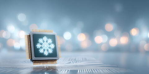 Cold blue computer processor chip with cooling snowflake icon showing high technology efficiency