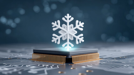 Futuristic chip cooling system featuring bright snowflake icon and cold blue atmosphere