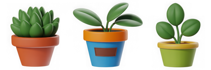 Three 3D Plastic Style Cartoon Plants In Different Colored Pots with Green Leaves Illustrating Botanical And Decorative Concepts