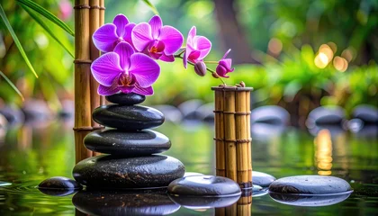 Plexiglas schilderij Toilet A vibrant purple orchid blossoms atop a stack of balanced black river stones surrounded by tranquil water and bamboo.  © Zubair