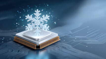 Frozen snowflake on computer chip symbolizing efficient cooling technology
