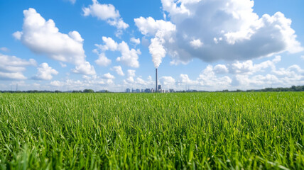 Green grass field under blue sky with clouds, distant city skyline, and factory smoke