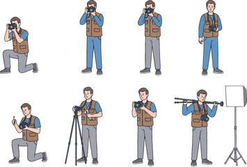 A collection of illustrations depicting a male photographer in various poses and actions, including shooting, adjusting equipment, and carrying gear.