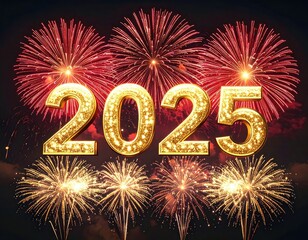 Sparkling golden '2025' numerals illuminate a vibrant night sky filled with red and gold fireworks.