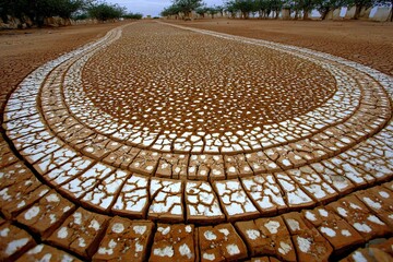 Cracked earth arches in barren landscape receding into the distance