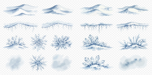Set of realistic winter elements including snowdrifts, icicles, snowflakes, and ice crystals for cold weather design. © studio