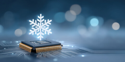 Efficient processor chip with glowing cooling snowflake icon for high performance
