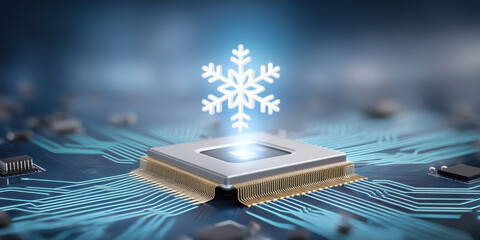 Powerful chip cooling concept with frost snowflake on blue cpu technology