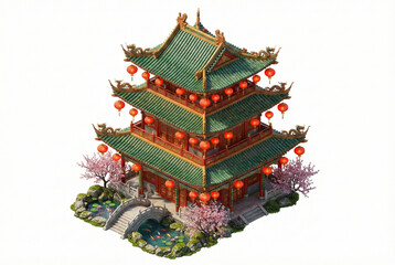 Traditional Chinese Isometric Pagoda with Koi Pond