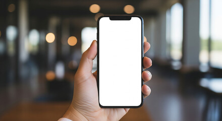Close up of a hand holding a smartphone with a blank white screen in a modern office